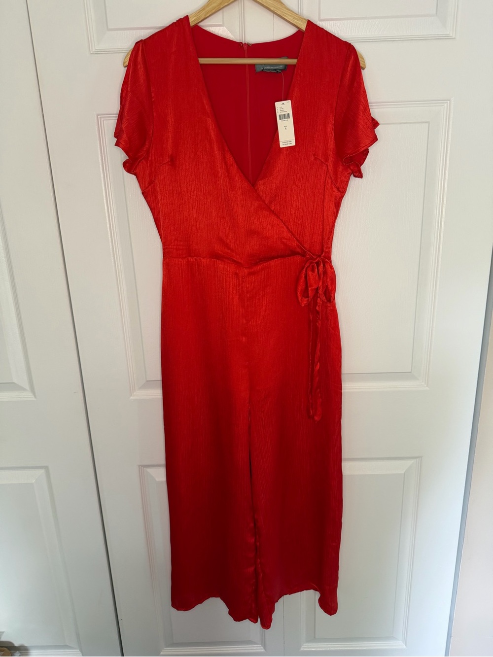 NEW Anthropologie Maquelle Red Satin Jumpsuit Womens Small Wide Leg Short Sleeve
